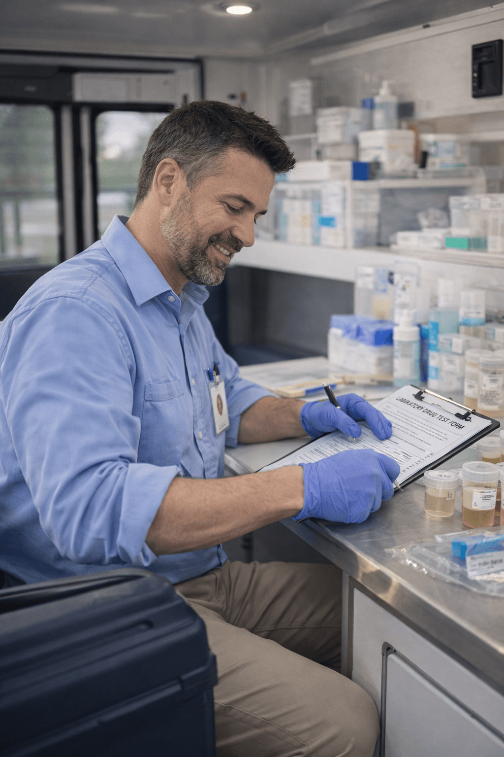 Employer mobile drug testing staging: collection professional completes chain-of-custody paperwork at a workbench with sealed specimen supplies, labels, and shipping materials for DOT or non-DOT workplace programs.