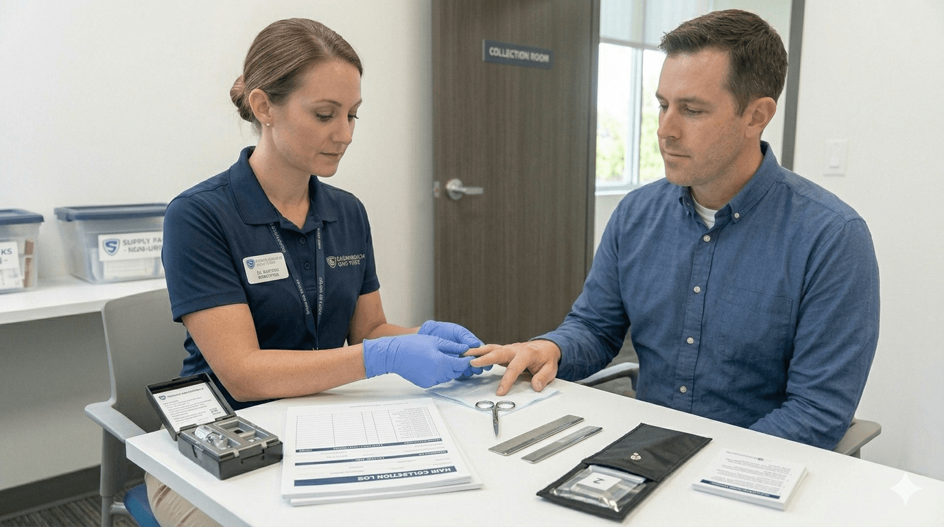 Employer nail drug test collection: gloved collection professional prepares a fingernail specimen from a donor’s hand across a collection room table, with small scissors, sealed supplies, and custody documentation ready for protocol-compliant clipping and packaging.