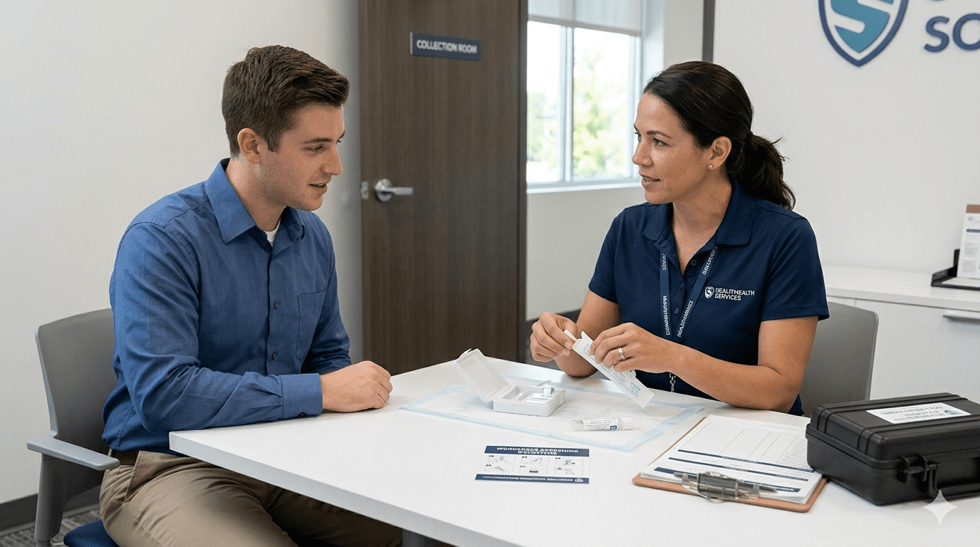 Employer oral fluid drug testing visit: collector and donor seated at a private workplace table with sealed saliva collection supplies—observed collection without restroom setup.