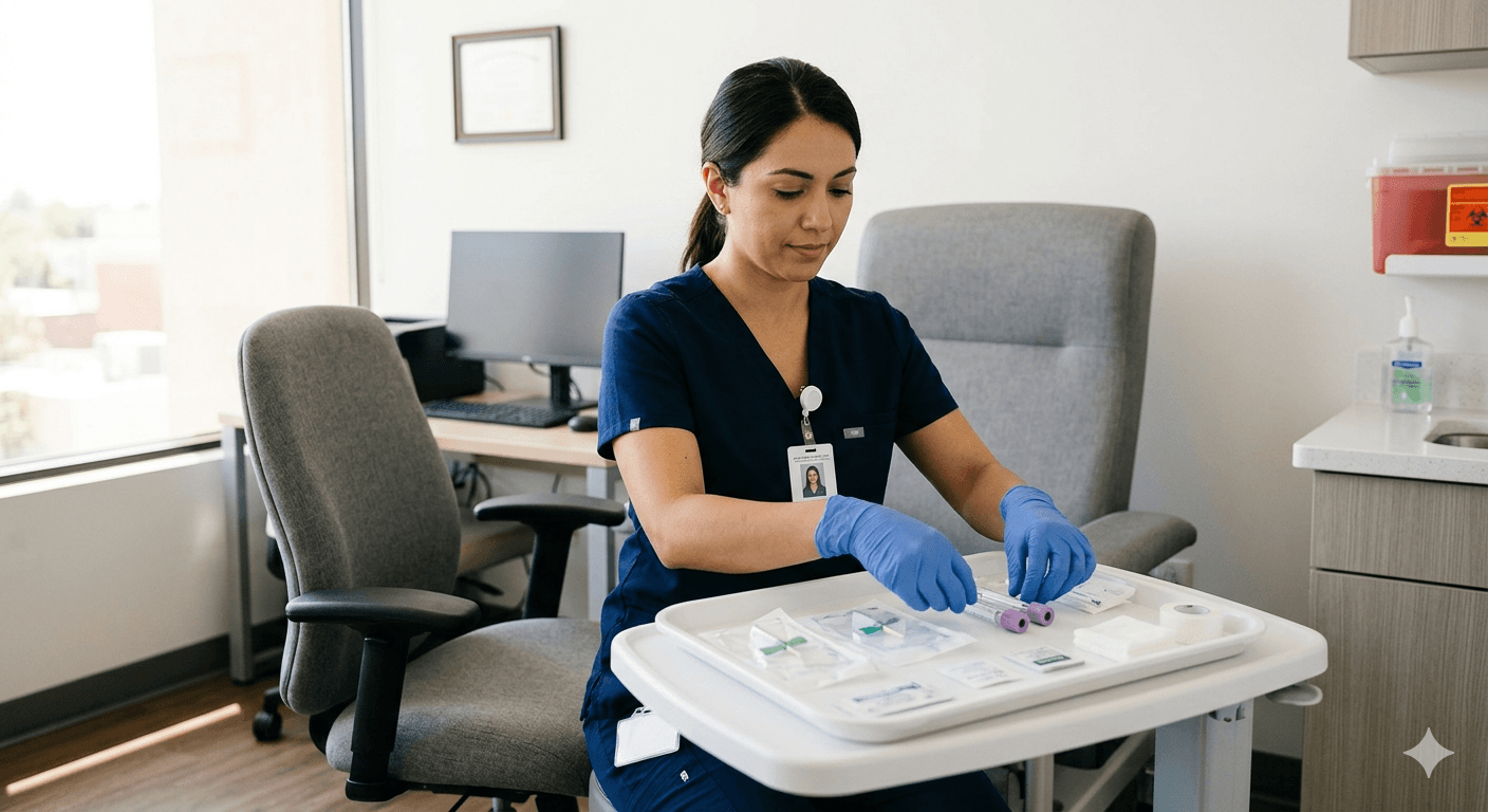 Clinical blood draw preparation for employer PEth orders: person in scrubs and gloves arranges purple-top tubes, butterfly collection sets, gauze, and tape on a tray in a bright exam room with sharps disposal nearby—venous specimen workflow for phosphatidylethanol (PEth), not a breath alcohol test.