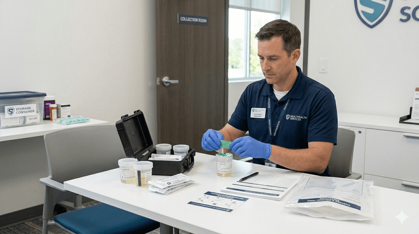 Employer drug testing collection room: gloved collection professional processes a urine specimen with sealed cups, dip-test supplies, and chain-of-custody and control forms arranged on a collection table.